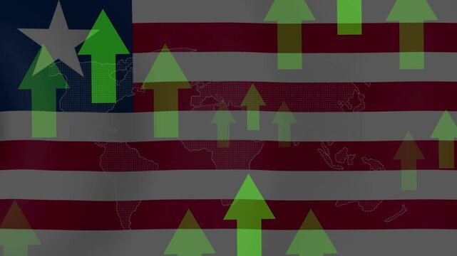 Liberia's Economic Growth: Overlayed on the Liberian flag, a world map and green arrows signify positive economic growth and development.