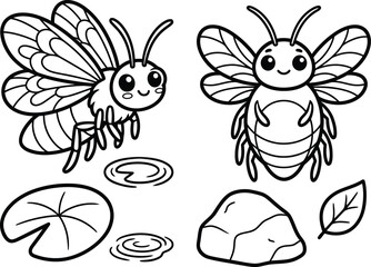 Cute cartoon bees floating near pond with lily pad line artwork vector coloring page for kids. © MstBaby