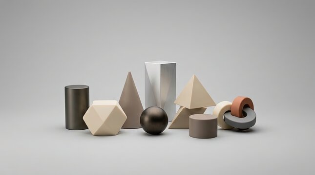 Abstract 3D Geometric Shapes Composition Minimal Cylinder Cone Pyramid Sphere Torus Studio Background
