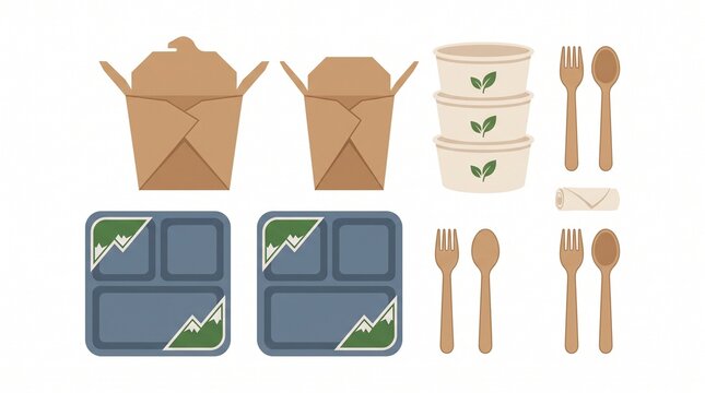 Eco-friendly food packaging set, sustainable disposable containers, biodegradable takeout boxes, and reusable meal prep trays, brown kraft paper and wooden cutlery collection.