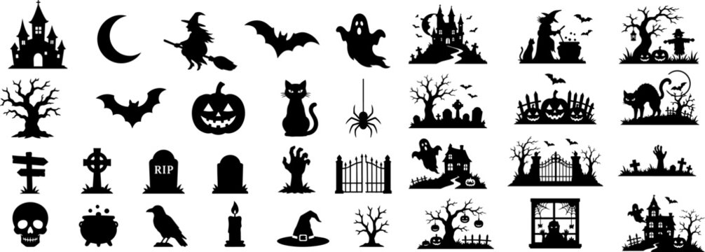 Halloween silhouette collection with spooky icons and haunted scenes isolated on transparent background. Black vector set for party decorations, stickers, posters and crafts