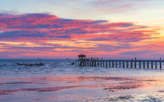 Colorful Sunset Over the Wooden Pier at Bang Pu, Samut Prakan, Thailand