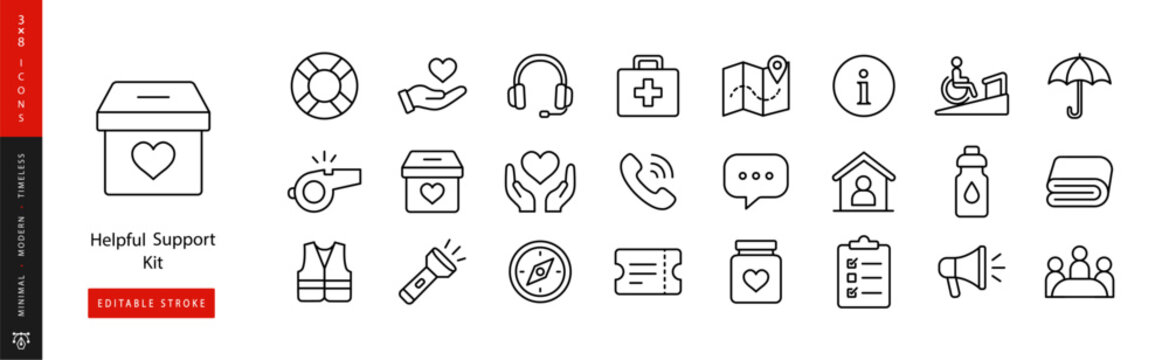 Helpful Support Kit. Line icon set of Help and Assistance: lifebuoy, helping hand, headset, first aid kit, map guide, information circle, rescue whistle, charity box, heart hands, phone, chat bubble e