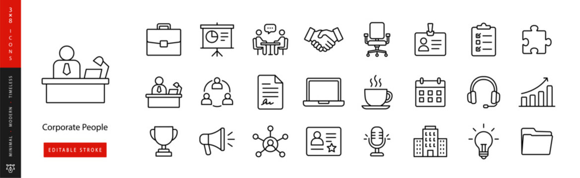 Corporate People Set. Line icon set of Business People: briefcase, presentation board, meeting table, handshake, office chair, employee badge, manager desk, team circle, contract, laptop, coffee cup e
