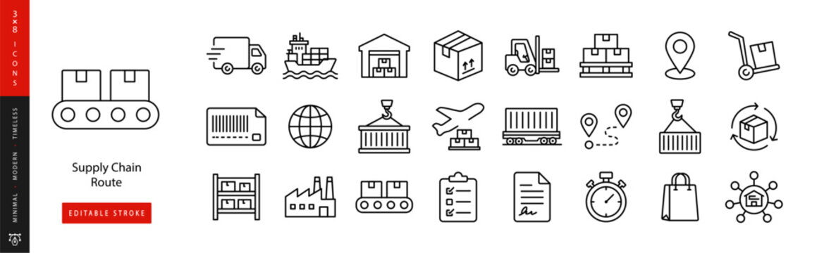 Supply Chain Route. Line icon set of Logistics and Supply Chain: delivery truck, cargo ship, warehouse, package box, forklift, pallet, barcode label, globe, shipping container, airplane cargo, train e