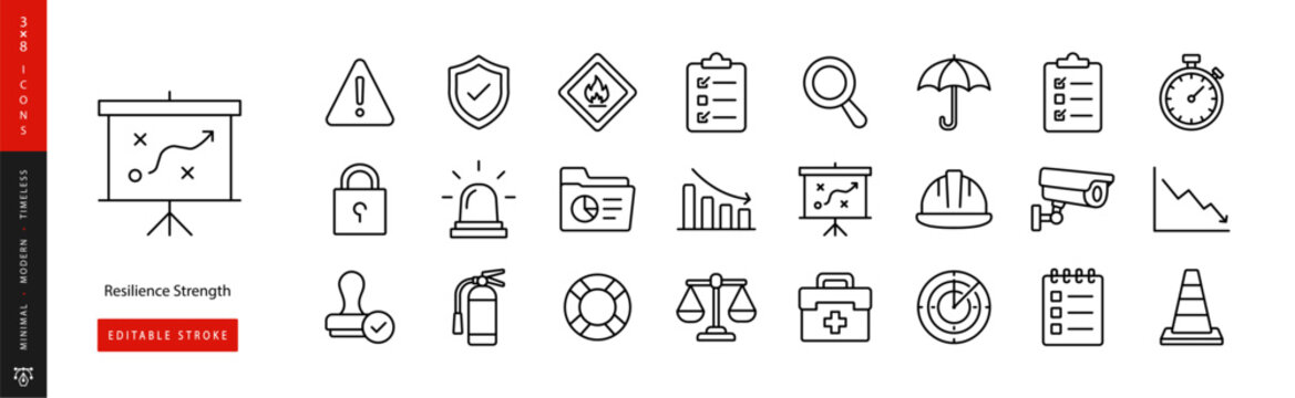 Resilience Strength Set. Line icon set of Resilience Concepts: shield, spring, anchor, mountain, tree, bridge, balance scale, heart, compass, rope, helmet, lifebuoy, ladder, umbrella, seedling, knot e
