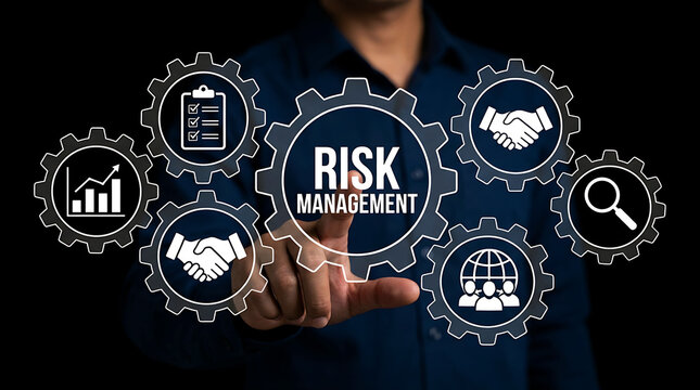 Businessman touching risk management icon with gear network concept