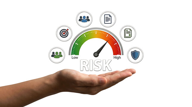 Hand holding virtual risk meter gauge icon with business icons concept