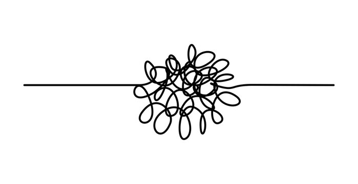 Messy scribble arrow line, chaotic tangled doodle. Hand drawn squiggle, chaos scrawl, sketch knot arrow confusion concept vector. Difficult route or curved path