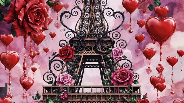 Romantic Paris Scene Featuring the Eiffel Tower Surrounded by Floating Red Hearts