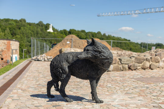 Bronze wolf sculpture on observation terrace of Gediminas hill in Vilnius Lithuania