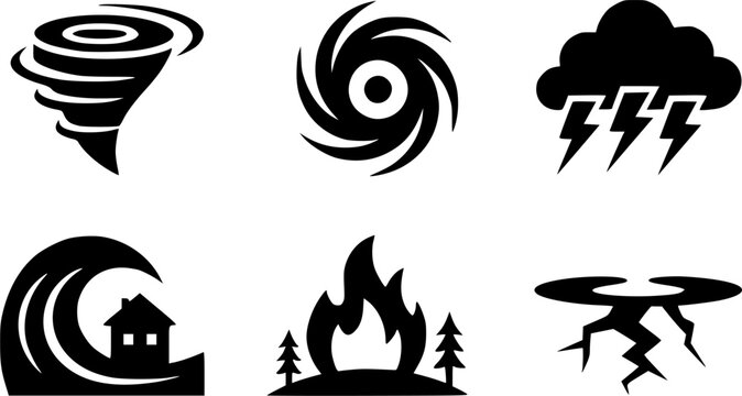 Natural disaster and extreme weather condition icon set featuring tornado, hurricane vortex, thunderstorm cloud with lightning, tsunami wave over house, forest wildfire, and earthquake ground crack 