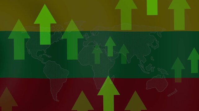 Lithuanian Economic Growth: A symbolic representation of Lithuanian economic progress, featuring the national flag overlaid with a world map and numerous upward-trending green arrows.