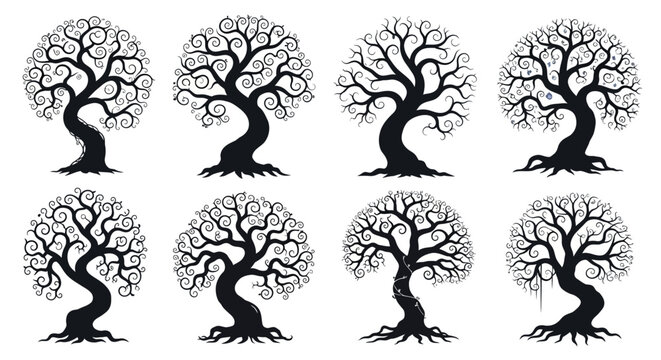 Eight black tree silhouettes with twisted trunks with roots white background branches abstract graphic leaves design symbol nature icon
