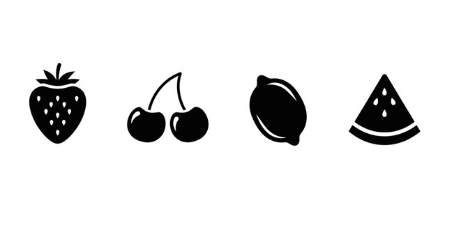 Four black fruit icons on white background with icons strawberry cherries cherries lemon illustration watermelon cherry simple symbol