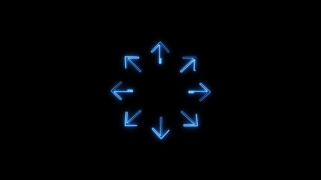 A glowing blue neon animation of arrows pointing outward in eight directions on a black background, representing expansion, navigation, and modern digital direction icons.