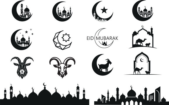 Collection of islamic holiday symbols and mosque silhouettes with crescent silhouette religion