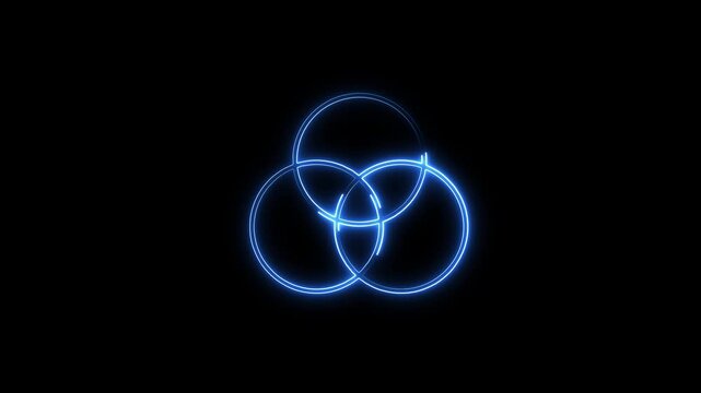A vibrant glowing blue neon Venn diagram animation showing three overlapping glowing circles on a black background, symbolizing logic, data overlap, set theory, and synergy.