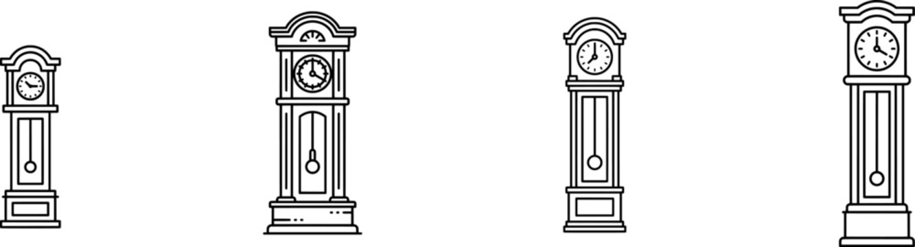 A minimalist black outline icon of a tall wooden grandfather clock stands against a pure white background, exuding elegance and simplicity in its design