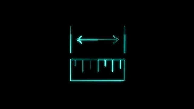 A glowing cyan neon ruler and horizontal dimension arrow icon on a black background, representing length measurement, scale, accuracy, design tools, and precision drafting.