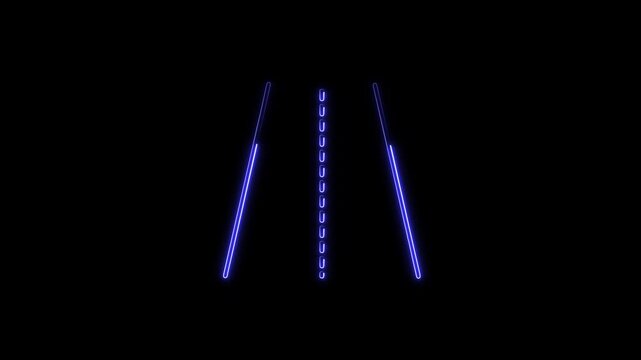 An animated glowing blue neon road with perspective side lines and a dashed lane divider on a black background, symbolizing forward motion, travel, drive, and speed.