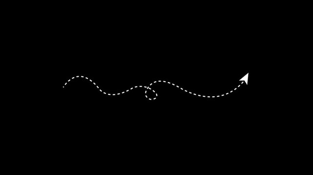 A clean white dashed arrow winding smoothly along a curved path on a black background, illustrating direction, journey, process steps, road-map, and movement flow.