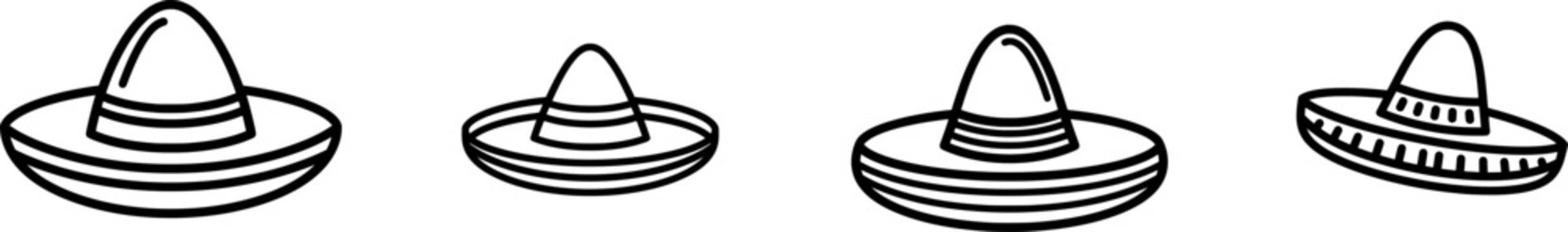 A minimalist black outline icon of a wide-brimmed Mexican sombrero, featuring thick uniform lines on a pure white background with no shadows