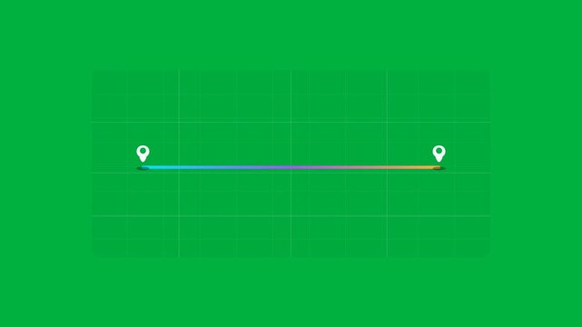 animated route trajectory drawing a line between two map pin location markers on a digital grid