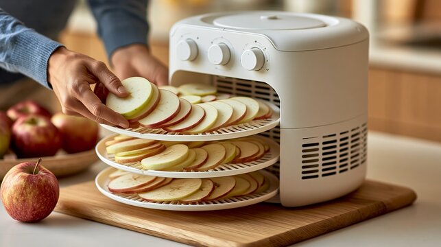 Close-up of a modern food dehydrator with sliced apples being prepared for drying, showcasing healthy snacks and kitchen appliances