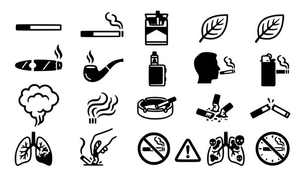 Smoking and Tobacco Products Vector Icons Set Featuring Cigarettes Vape Pipe Ashtar Lungs Health Warning and No Smoking Symbols