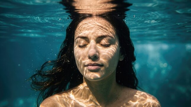 穏やかな夏のプールで、目を閉じた静かな若い女性が澄んだ青い水面のすぐ下に浮かんでいる。