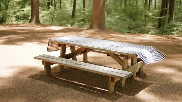 Wooden picnic table with gingham tablecloth in shaded forest clearing, low eye-level view, empty rustic setting with pine needle ground cover and soft natural light