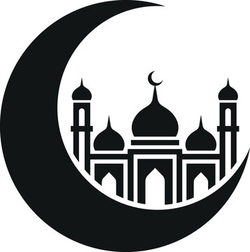 Islamic mosque silhouette inside a black crescent moon icon with crescent silhouette religion