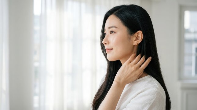 明るい窓辺に立つ美しい若いアジア人女性が、長い黒髪を優しく撫でている横顔。