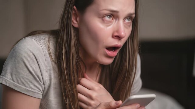 Crying young woman looking at smartphone with shocked expression. Emotional reaction to bad news on mobile device. Close-up shot with camera panning and tilting.