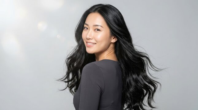 長くウェーブのかかった黒髪の美しい若いアジア人女性が肩越しにカメラを見つめているポートレート（スタジオ撮影）