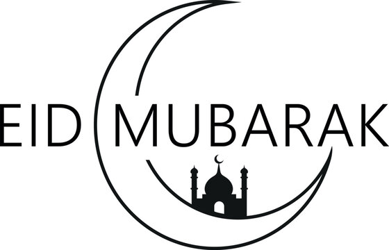 Eid mubarak typography design with crescent moon and small mosque silhouette typography crescent