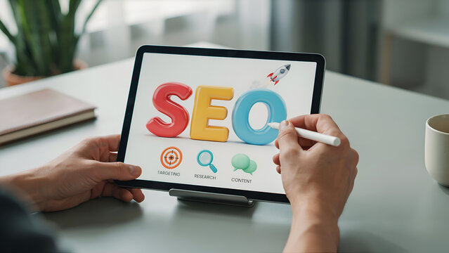 Person's hands interacting with SEO concept on tablet screen with selective focus during daylight