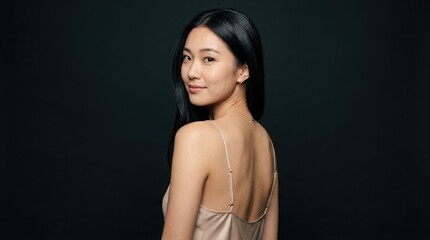 Fototapeta premium 長い黒髪の美しい若いアジア人女性が、黒い背景の前でシルクのドレスを着て優雅にポーズをとっている。