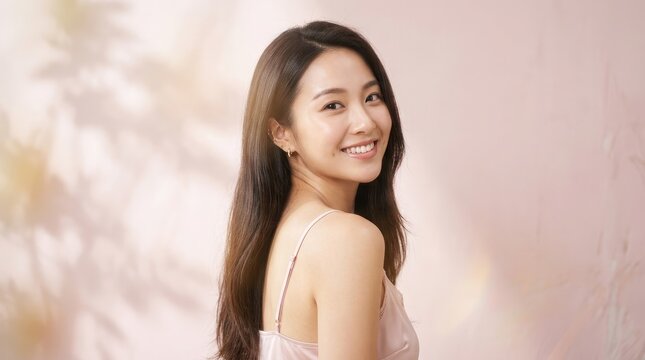 長く健康的な髪を持つ美しい若いアジア人女性が、肩越しにカメラを見ながら優しく微笑んでいる。