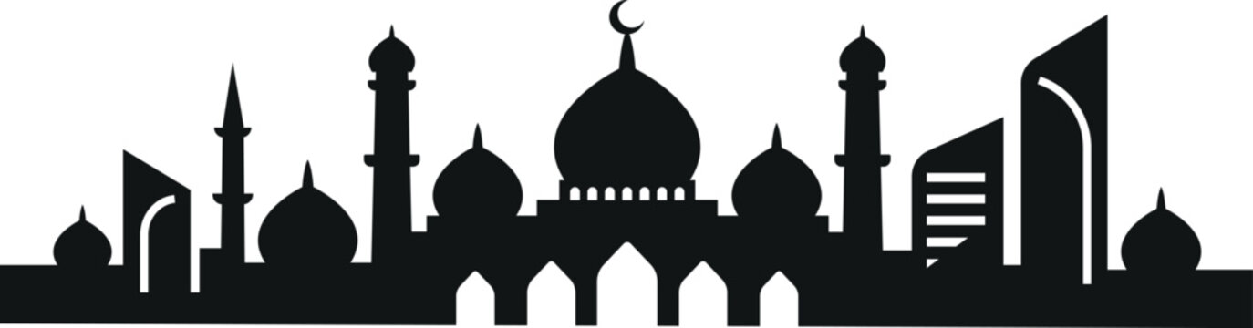 Middle eastern city skyline silhouette with mosques and modern buildings silhouette architecture