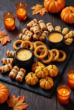 Halloween snack platter arranged vertically with baked pumpkin bites