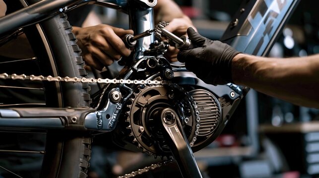 A skilled mechanic meticulously repairs a modern electric bicycle's intricate drivetrain components in a bustling workshop environment, showcasing precision and expertise