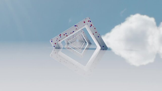 A looping animation of a camera traveling through modern patterned triangular structures creating a futuristic perspective tunnel under a bright sky.