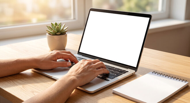 Business person working on laptop with blank screen at wooden office desk setting.