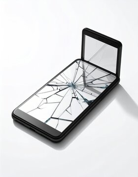 Foldable phone with shattered screen on a white background