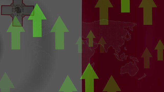 Malta Flag and Global Growth: A visual representation of economic progress and upward trends, featuring the Maltese flag overlaid with a world map and numerous green upward-pointing arrows.