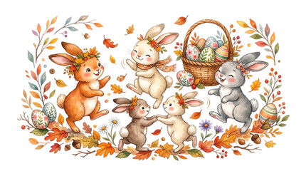 Obraz premium cute easter bunnies dancing with easter eggs, basket and leaves frame, isolated on transparent background