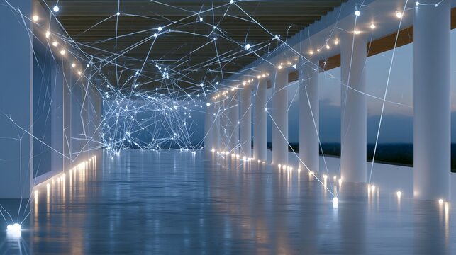 Abstract digital connection network glowing in a modern architectural corridor at twilight, representing high-speed data transmission, futuristic connectivity, and innovative technology concepts