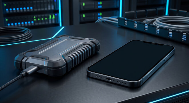 Rugged portable ssd drive with smartphone on data server background technology.